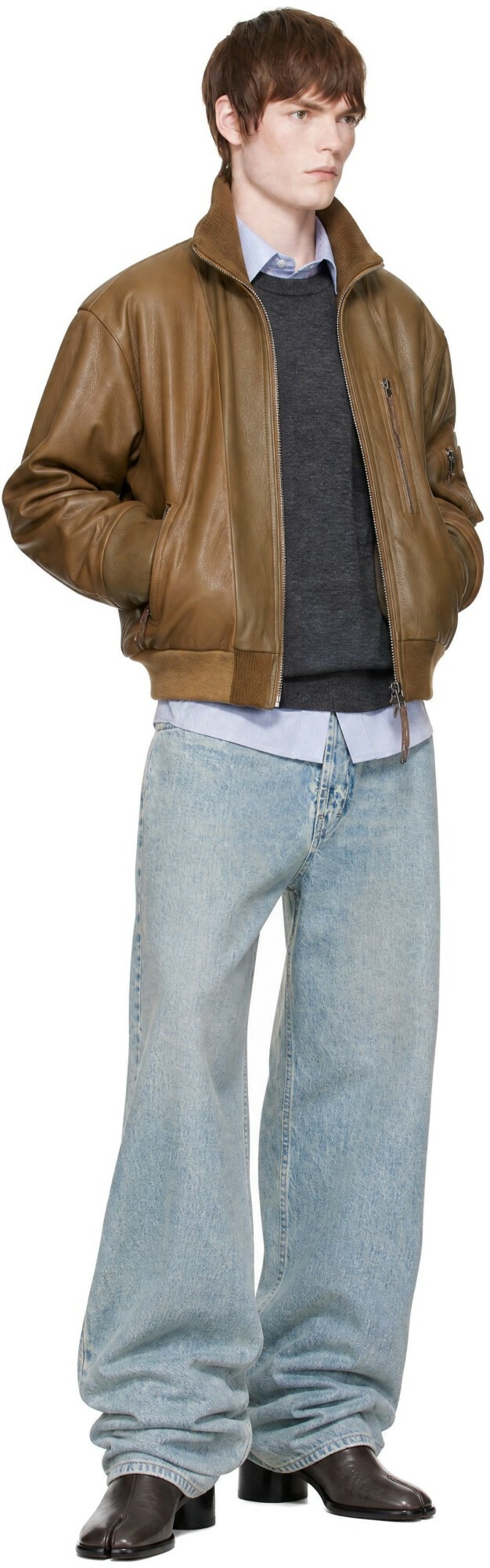 Maison Margiela Tan Spliced Leather Bomber Jacket