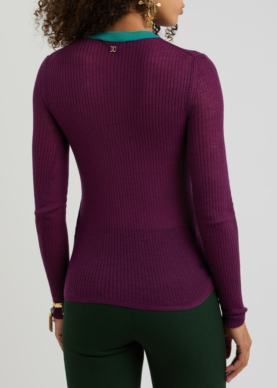 Chloe Ribbed Semi-sheer Wool Jumper Purple