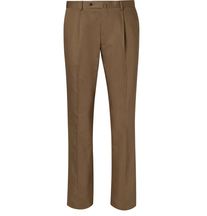 Photo: Beams F - Brown Slim-Fit Pleated Cotton and Linen-Blend Twill Suit Trousers - Men - Brown