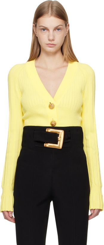 Photo: Balmain Yellow Buttoned V-Neck Light Knit Cardigan