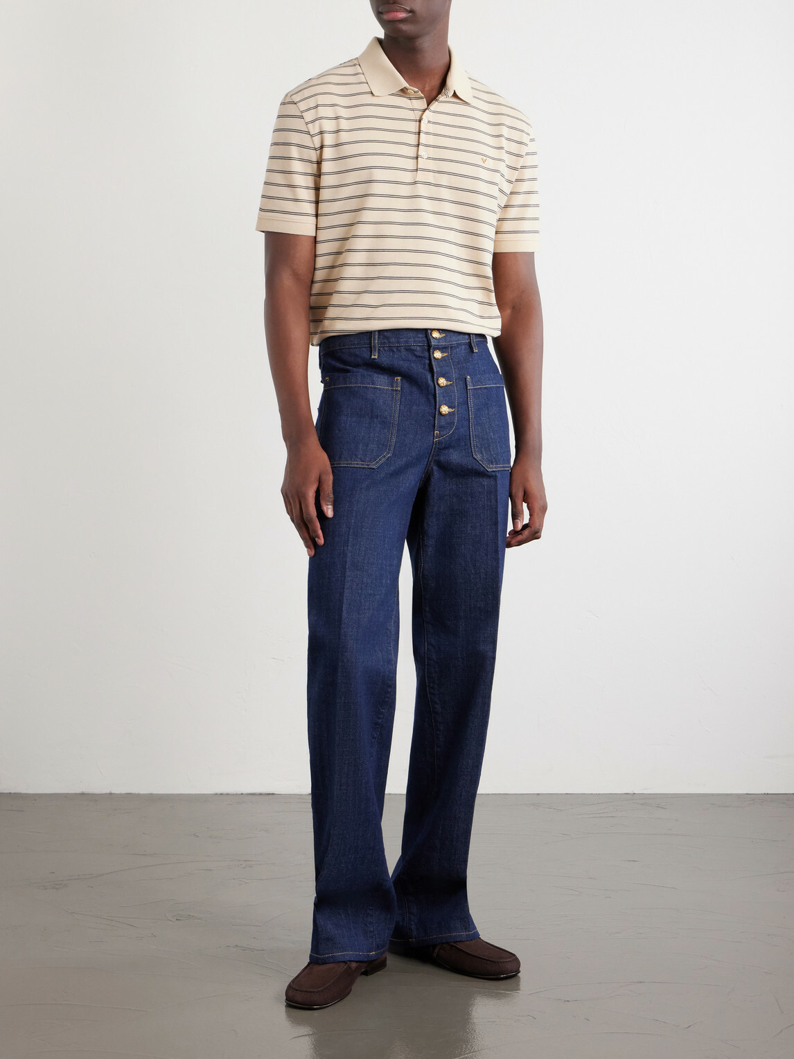 Valentino Garavani - VLogo Striped Cotton-Piqué Polo Shirt - Neutrals