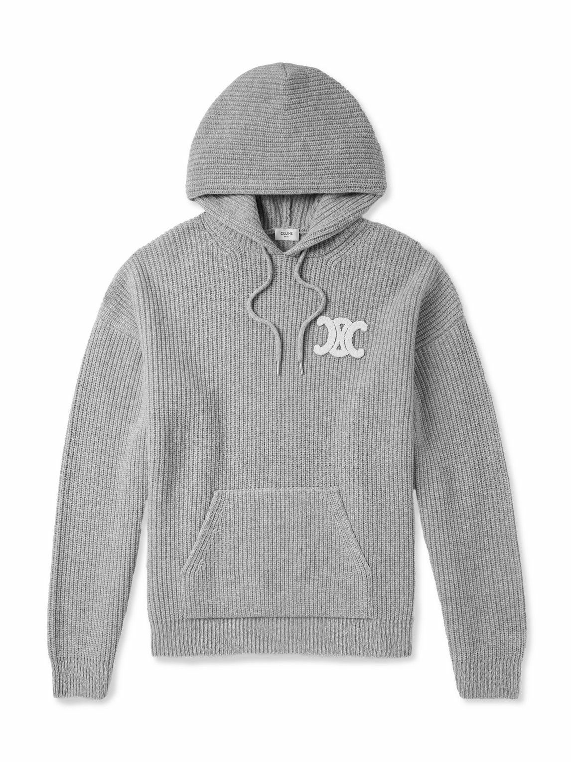 CELINE - Logo-Appliquéd Ribbed Wool Hoodie - Gray