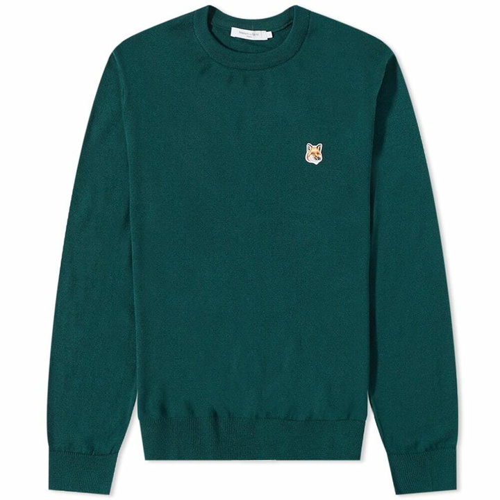 Photo: Maison Kitsuné Men's Fox Head Patch Classic Crew Neck Knit in Deep Green