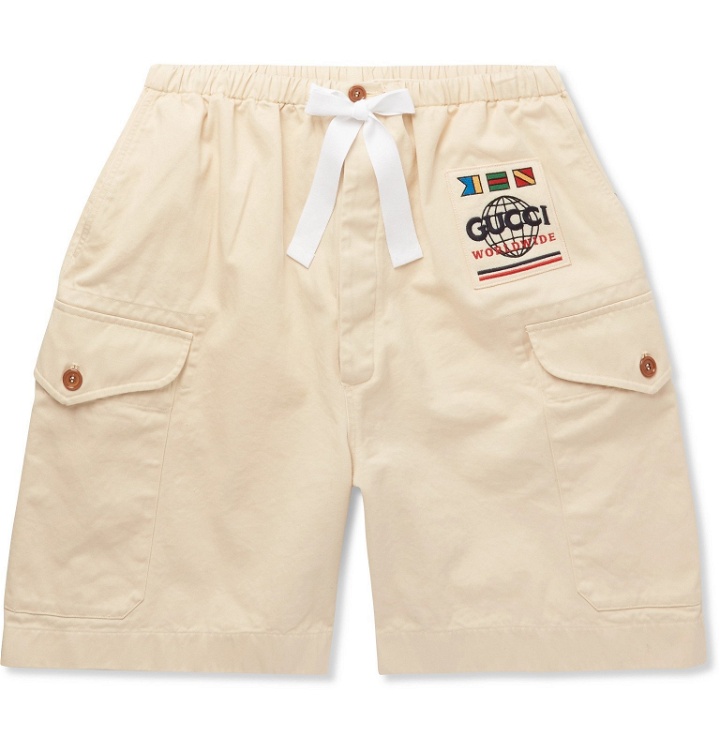 Photo: Gucci - Wide-Leg Appliquéd Cotton-Twill Cargo Shorts - Neutrals