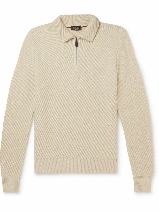 Photo: Loro Piana - Leather-Trimmed Ribbed Cashmere Half-Zip Sweater - Neutrals