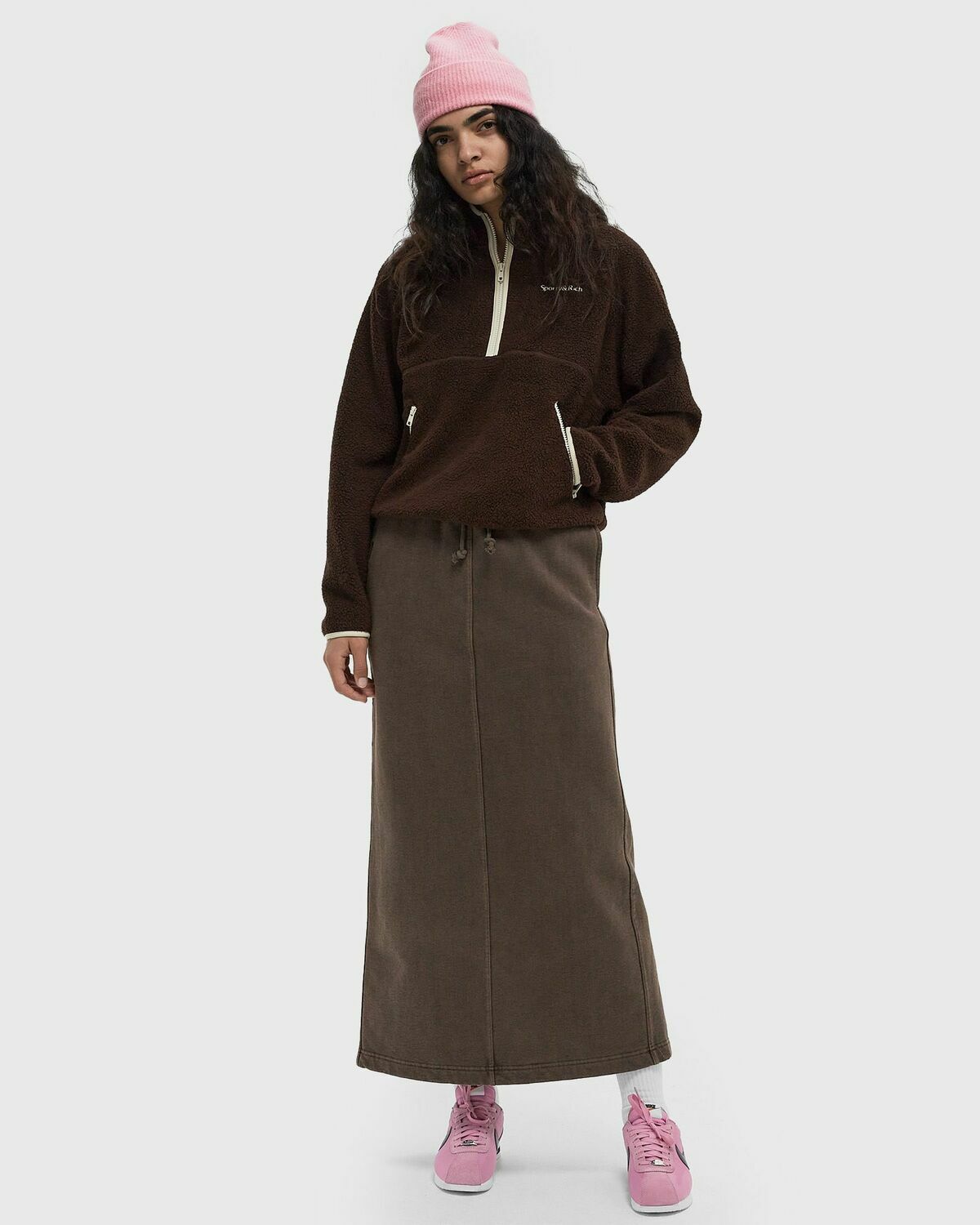 Sporty & Rich Serif Logo Sherpa Quarter Zip Brown Womens Fleece Jackets/Half-Zip