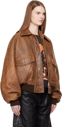 AMIRI Tan Faded Leather Bomber Jacket