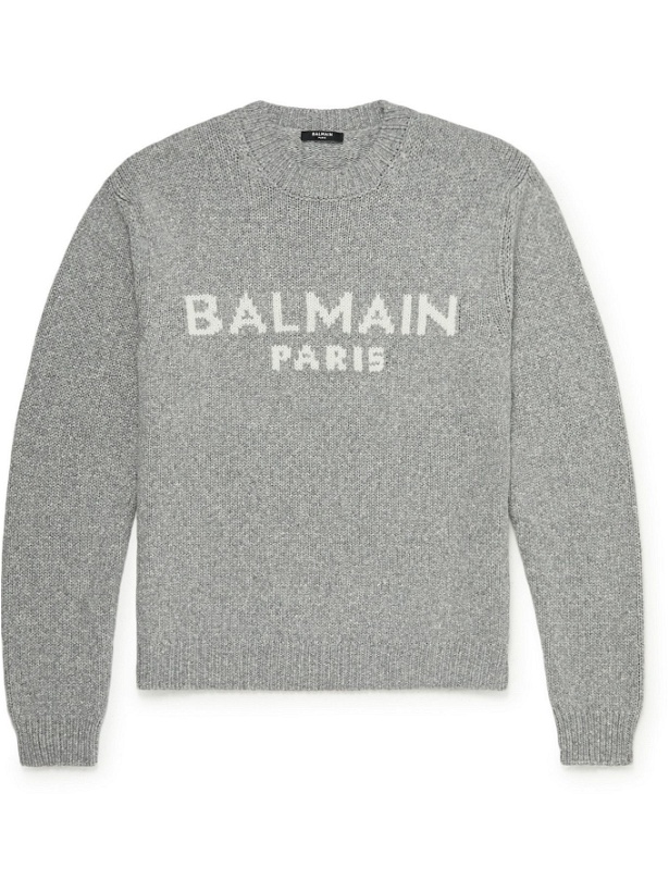 Photo: BALMAIN - Logo-Intarsia Merino Wool Sweater - Gray