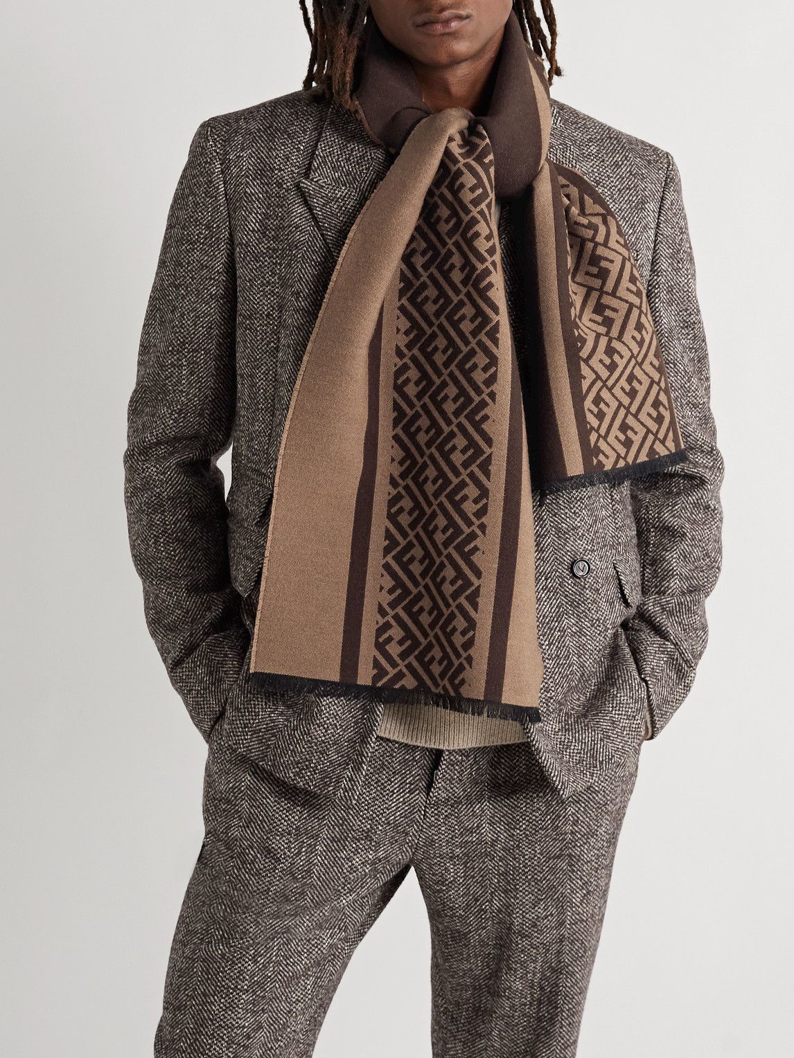 Fendi Wool And Silk-blend Jacquard Scarf in Brown