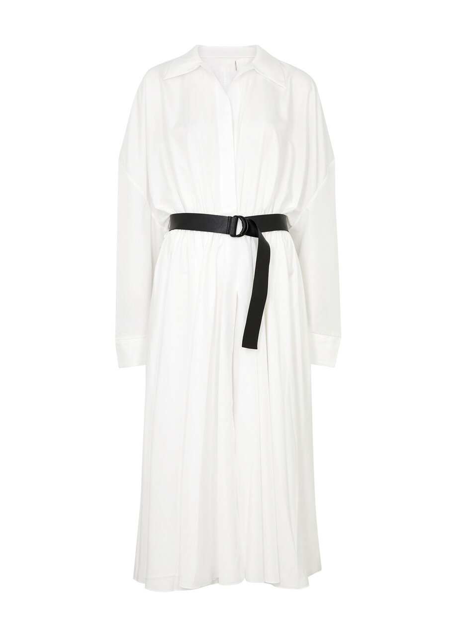 Norma Kamali Belted Matte Satin Shirt Dress White