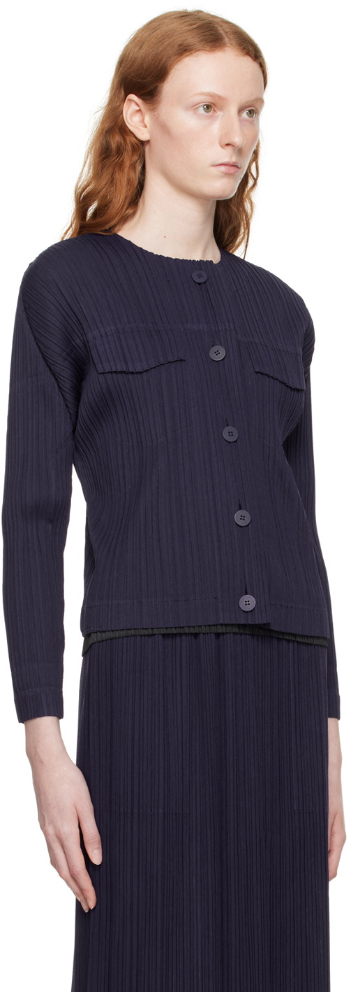 Pleats Please Issey Miyake Navy Buttoned Jacket Pleats Please Issey Miyake