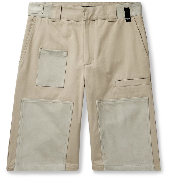 Photo: Fendi - Suede-Panelled Cotton-Gabardine Shorts - Neutrals