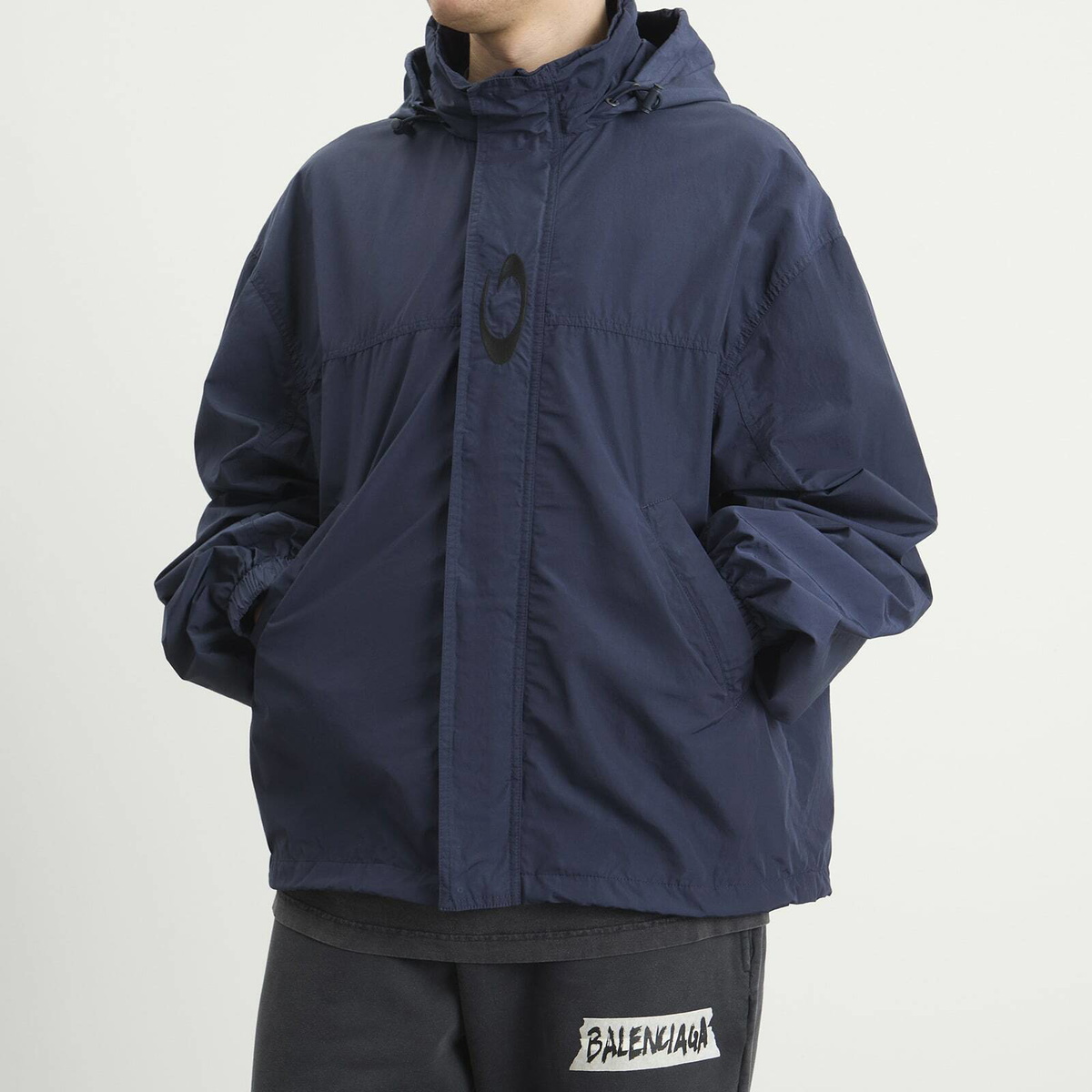 Balenciaga Men's Techno Cotton Hooded Rain Jacket in Marine Blue