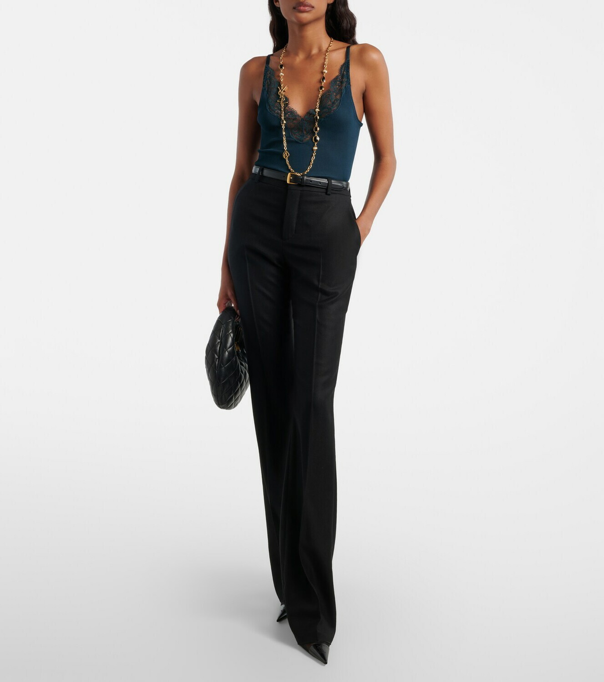 Saint Laurent Lace-trimmed ribbed-knit silk tank top