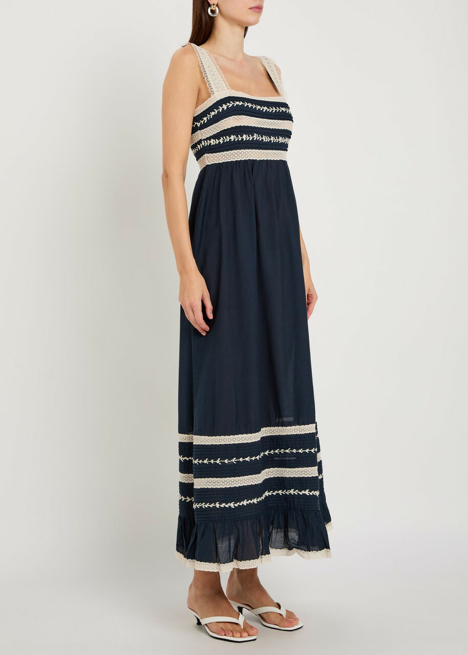 Rixo Malie Lace-trim Cotton-blend Midi Dress Navy