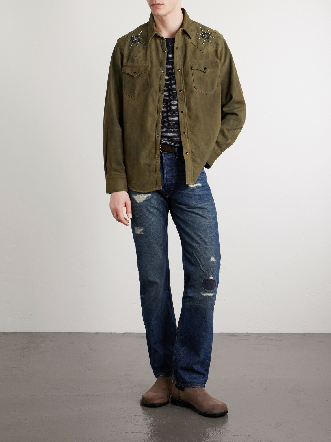 RRL - Buffalo West Studded Leather-Trimmed Denim Shirt - Brown