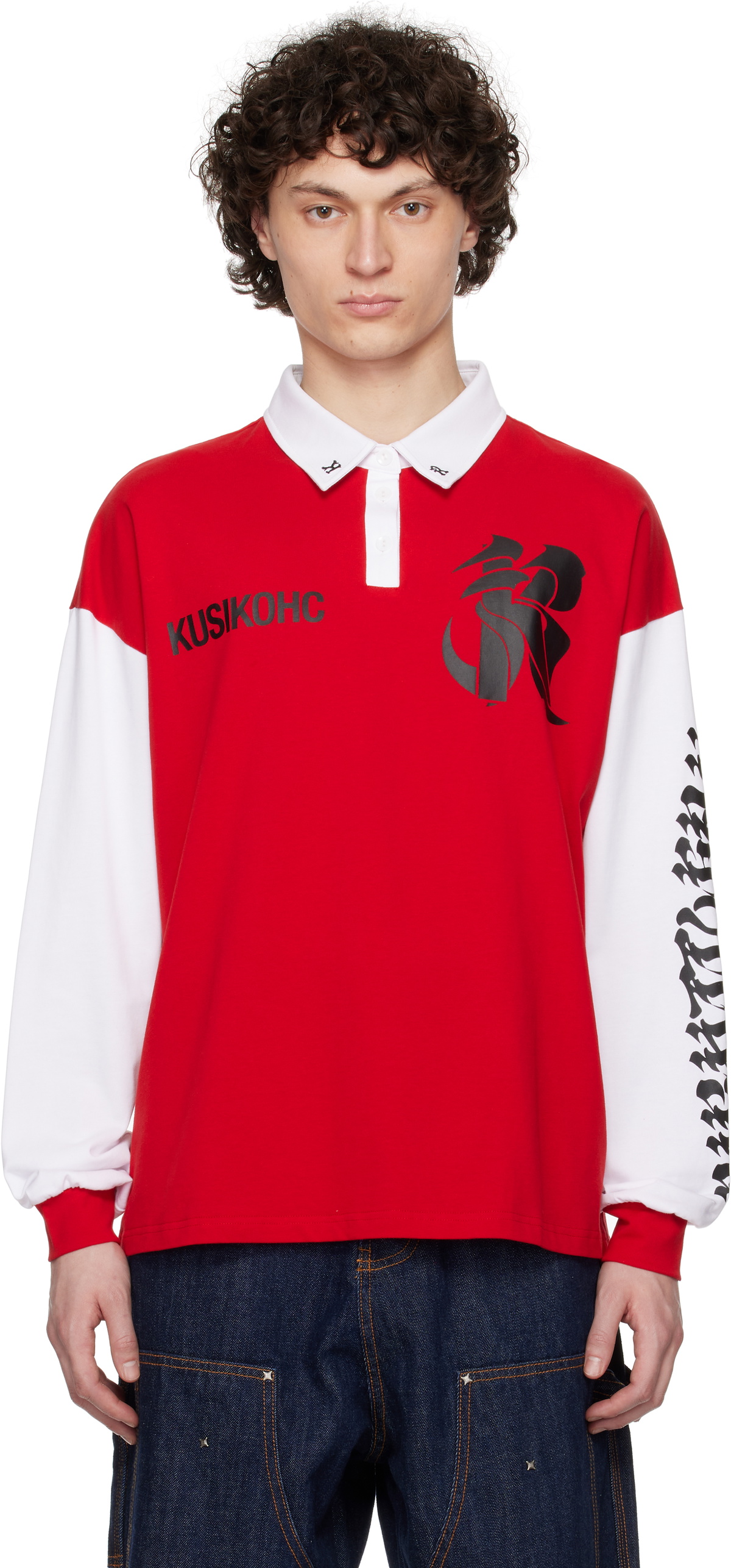 KUSIKOHC Red & White Rugby Long Sleeve Polo