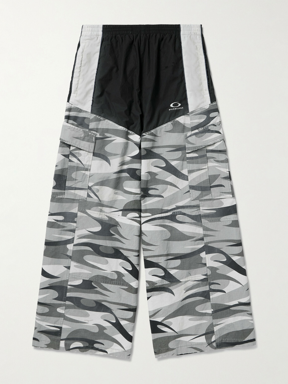 Balenciaga - Wide-Leg Panelled Cotton-Poplin and Camouflage-Print Ripstop Cargo Track Pants - Black