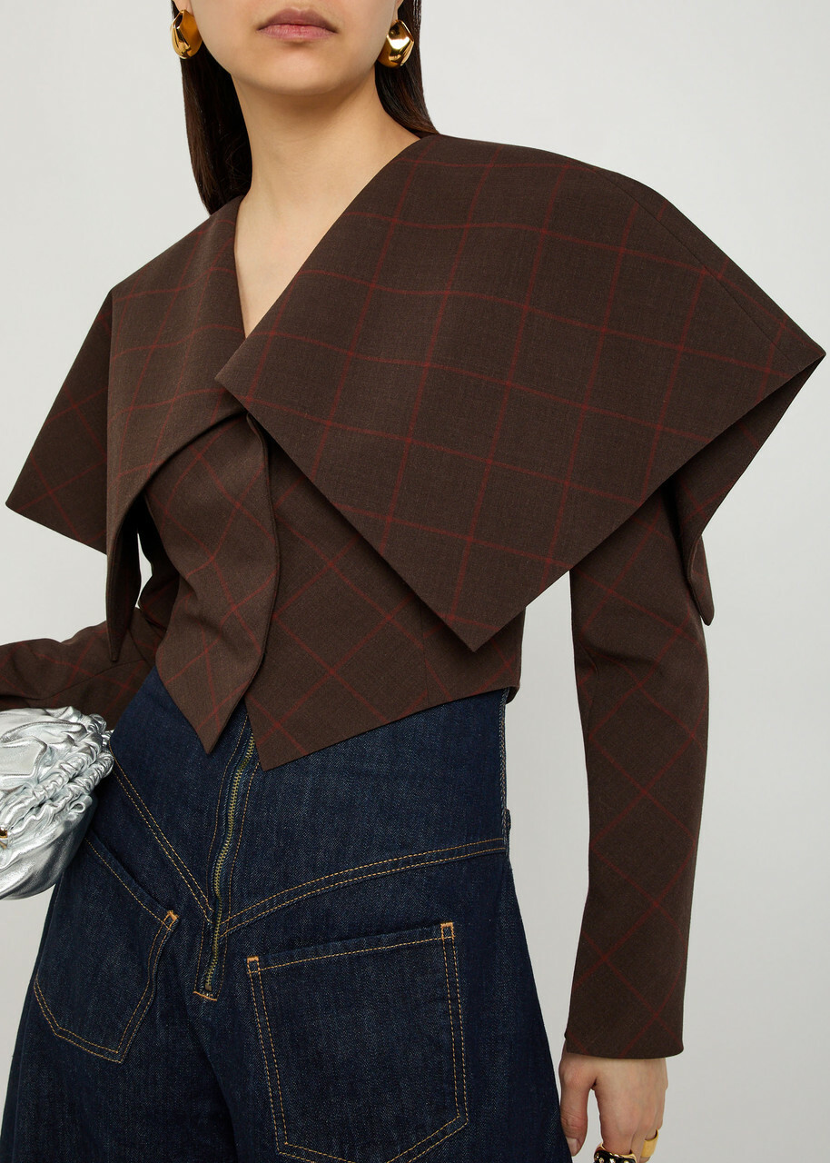 A.W.A.K.E Mode Oversized-collar Checked Cropped Jacket Brown