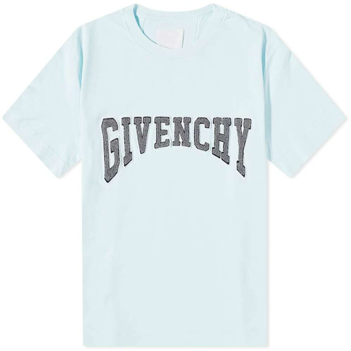 Photo: Givenchy Men's Embroidered College Logo T-Shirt in Aqua Marine