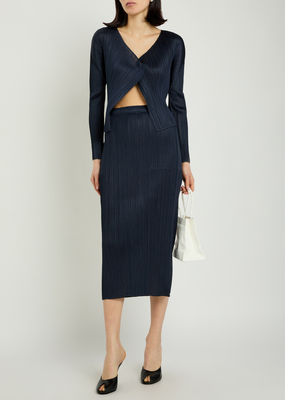 Pleats Please Issey Miyake Pleated Woven Midi Skirt Navy