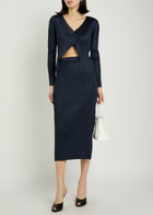 Pleats Please Issey Miyake Pleated Woven Midi Skirt Navy
