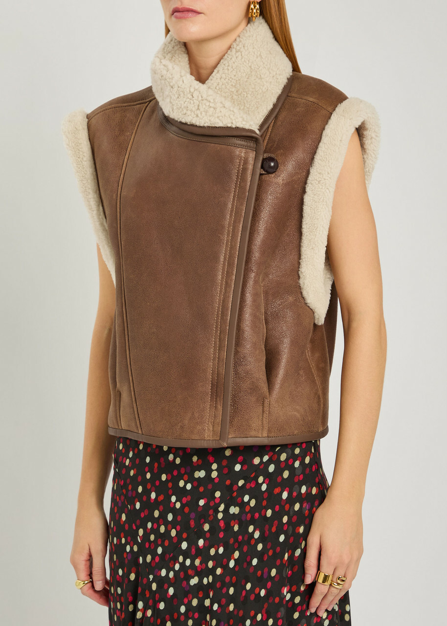 Isabel Marant Alime Shearling-trimmed Leather Sleeveless Jacket Brown