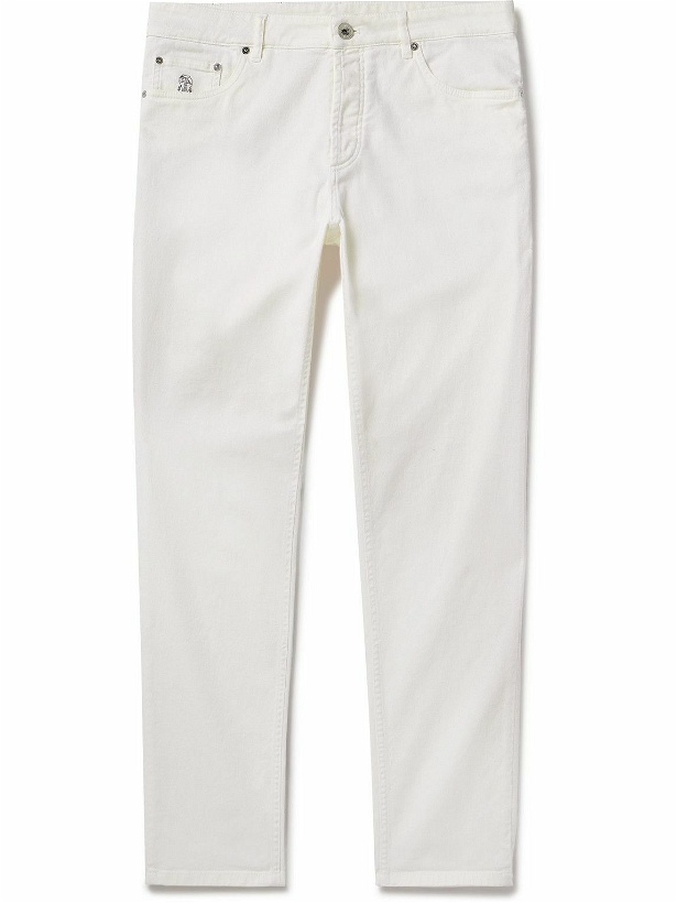 Photo: Brunello Cucinelli - Slim-Fit Straight-Leg Logo-Embroidered Jeans - White