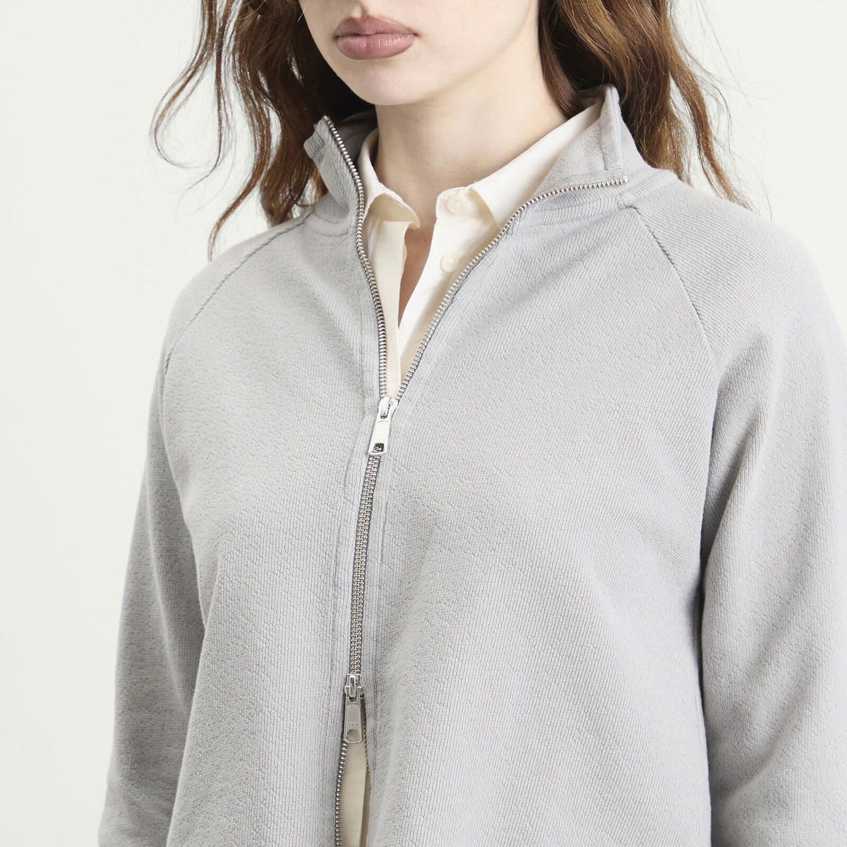 mfpen Women's Cropped Leisure Zip Up in Mineral Grey Needle Jump