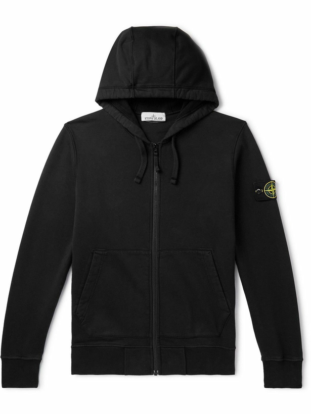 Photo: Stone Island - Garment-Dyed Logo-Appliquéd Cotton-Jersey Zip-Up Hoodie - Black