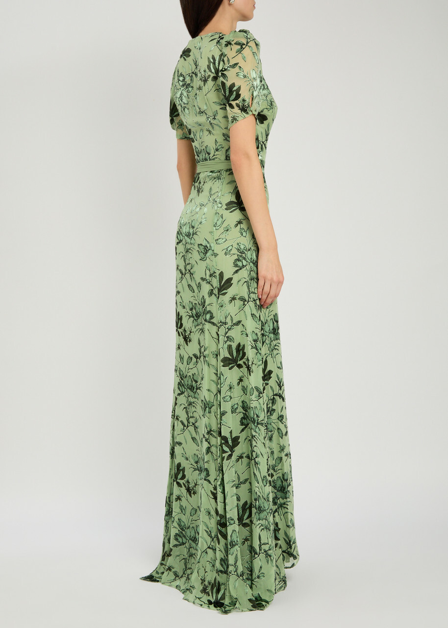 Alice + Olivia Tiana Devoré Chiffon Maxi Wrap Dress Green