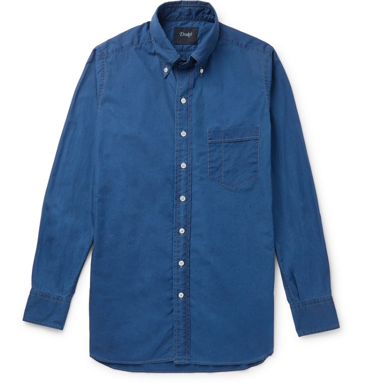 Photo: Drake's - Slim-Fit Button-Down Collar Cotton and Linen-Blend Shirt - Blue