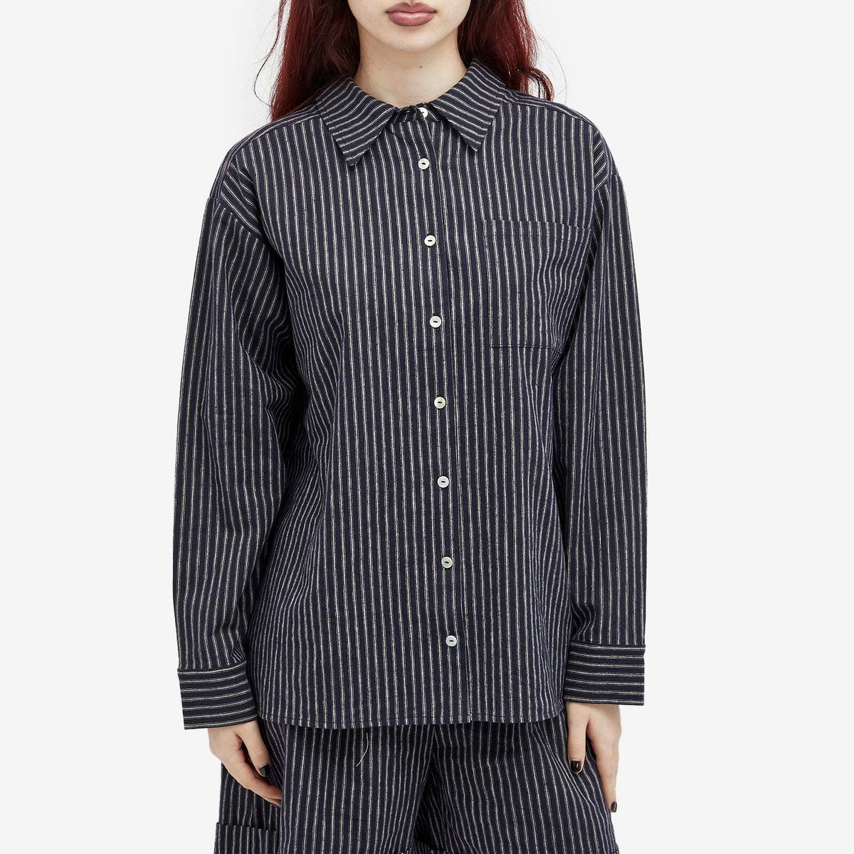 DONNI. Women's Linen Stripe Shirt in Navy Stripe