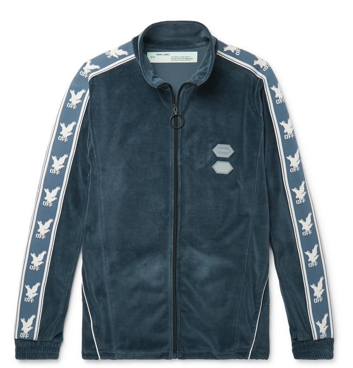 Photo: Off-White - Logo-Intarsia Cotton-Blend Velour Track Jacket - Men - Blue