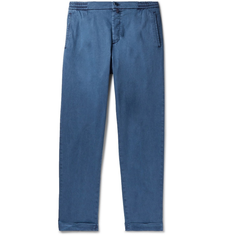 Photo: Kiton - Tapered Stretch Cotton and Lyocell-Blend Trousers - Blue