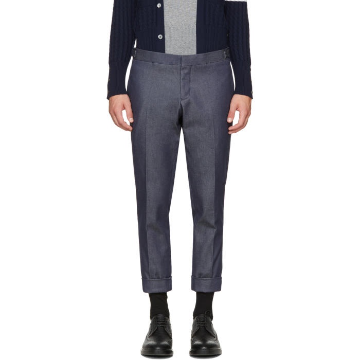 Photo: Thom Browne Navy Denim Unconstructed Low-Rise Skinny Trousers