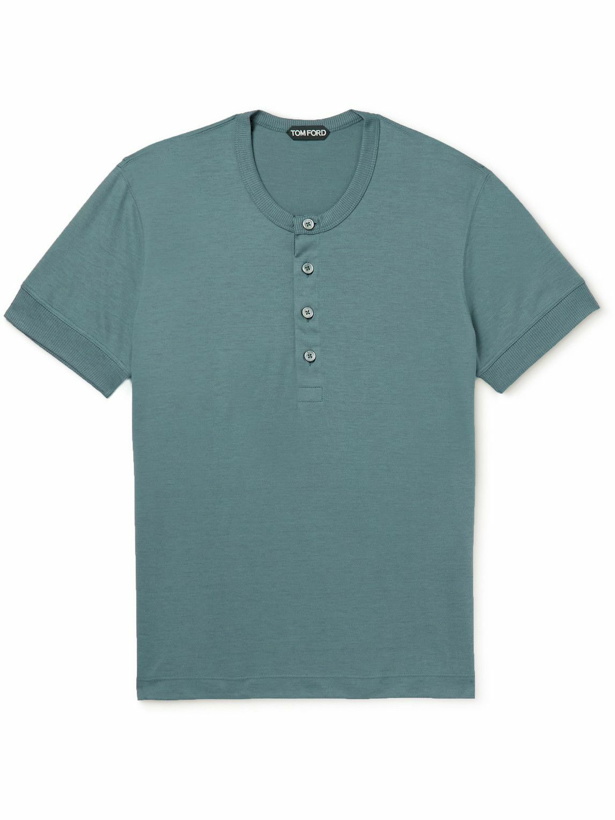 Photo: TOM FORD - Silk and Cotton-Blend Jersey Henley T-Shirt - Blue