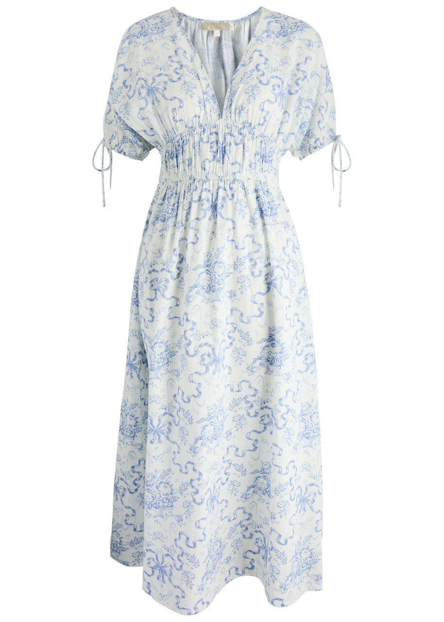 Loveshackfancy Mastey Printed Cotton Midi Dress Blue
