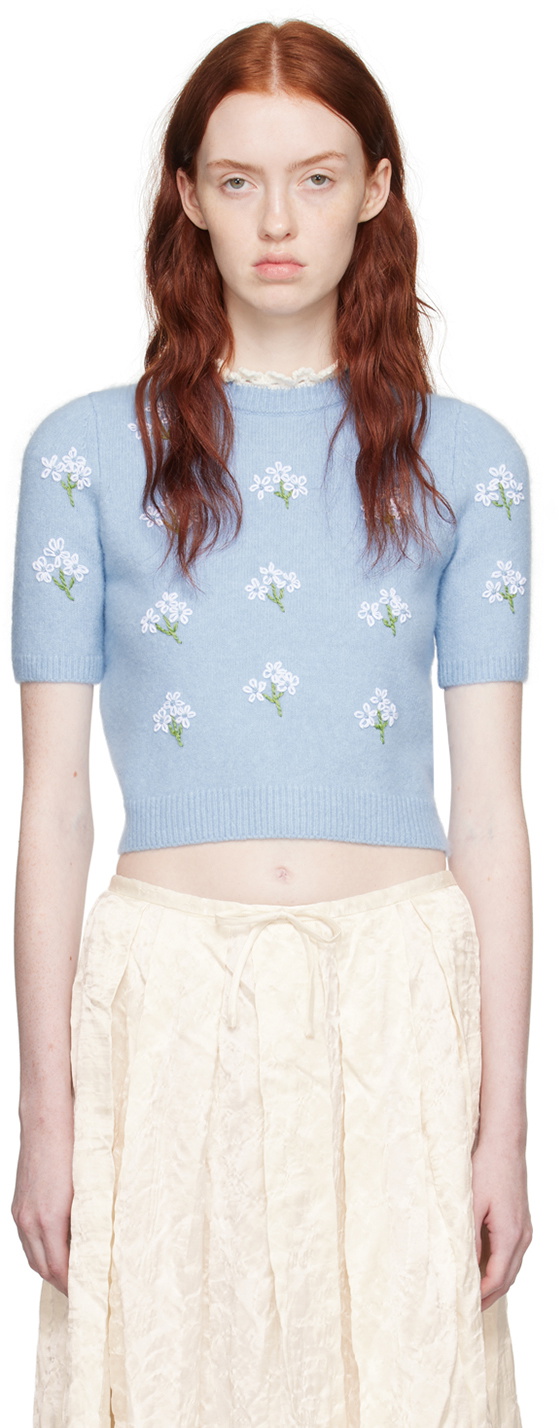 Pull 100% Laine Gris Et Bleu à Motif Floral - Marque SZ - Taille M - Occasion Très Bon état