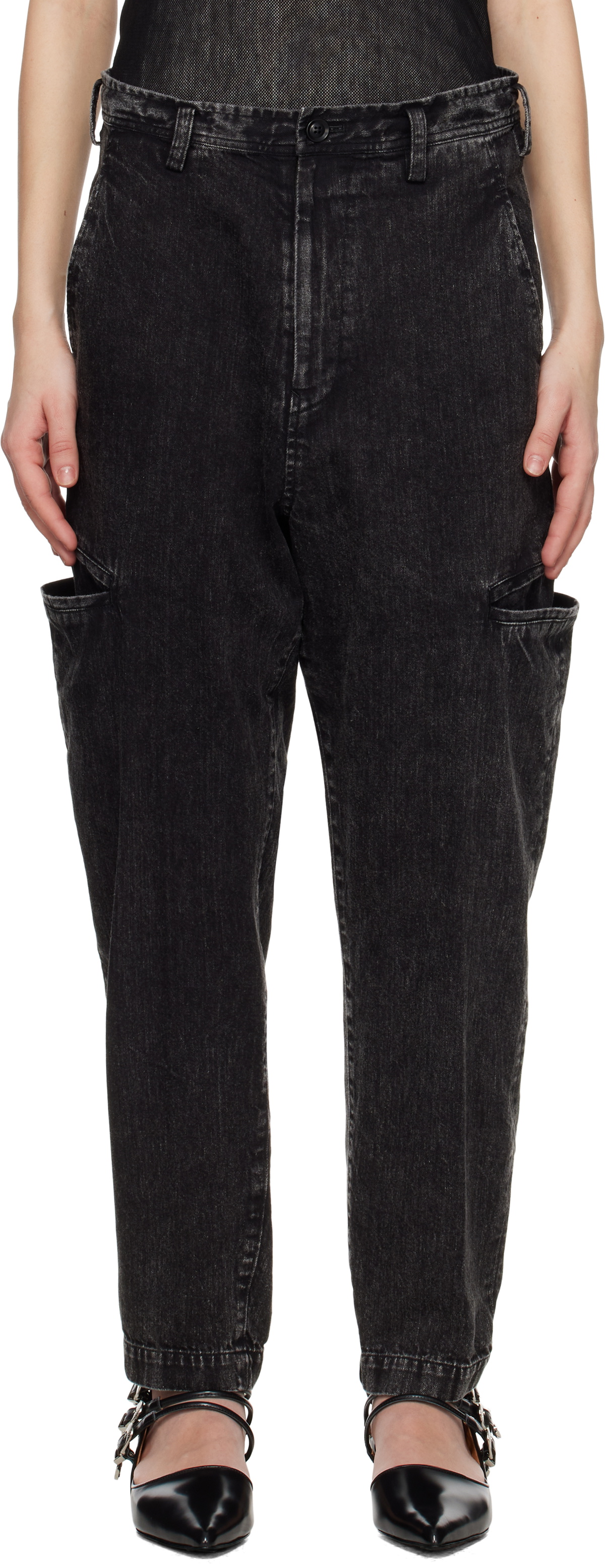 Y's Black 8oz Bleached Denim Tapered Jeans
