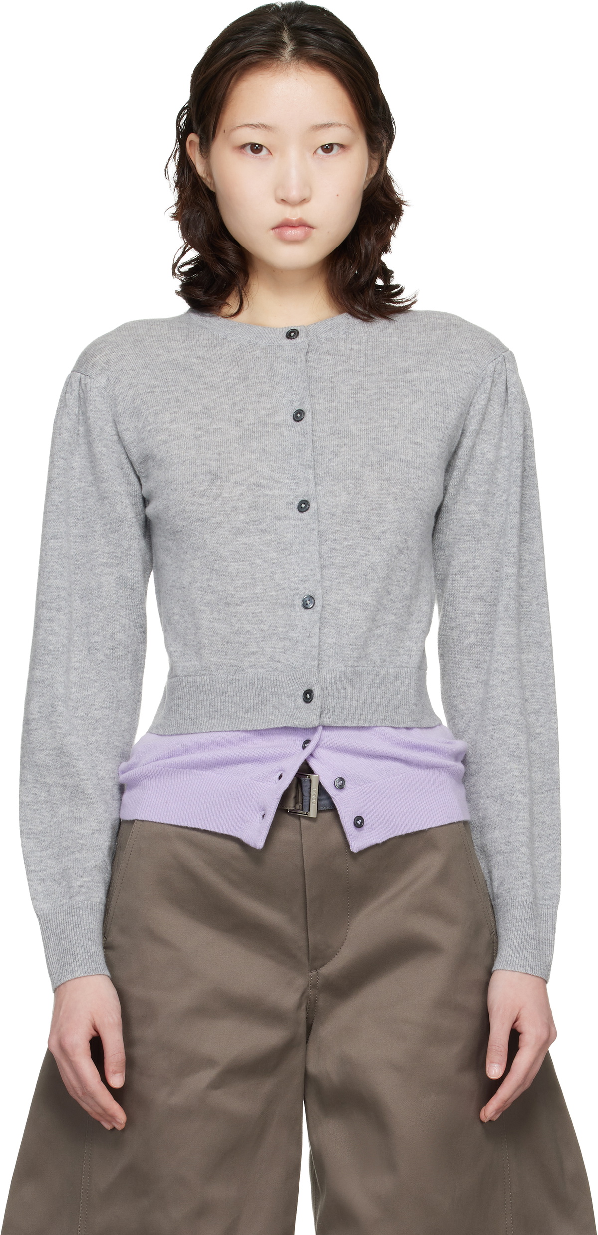 Meryll Rogge Gray & Purple Crew Neck Double Cardigan