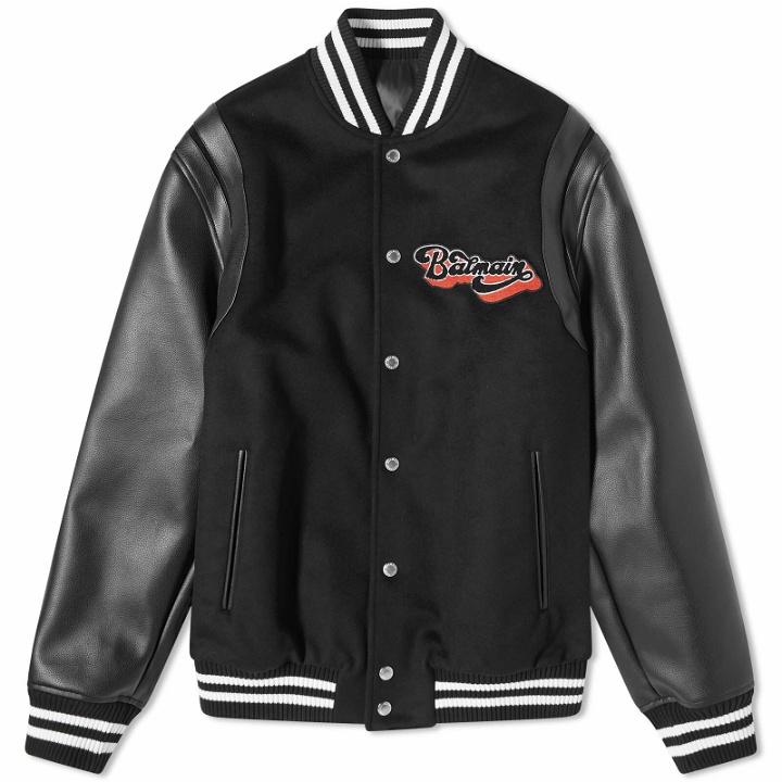 Photo: Balmain Men's 70s Logo Varsity Jacket in Black