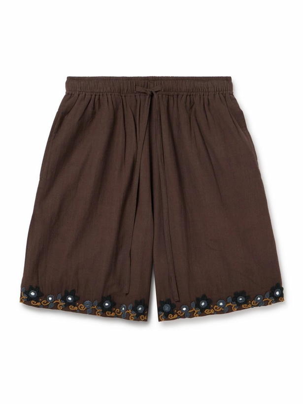 Photo: Kartik Research - Embellished Embroidered Cotton Shorts - Brown