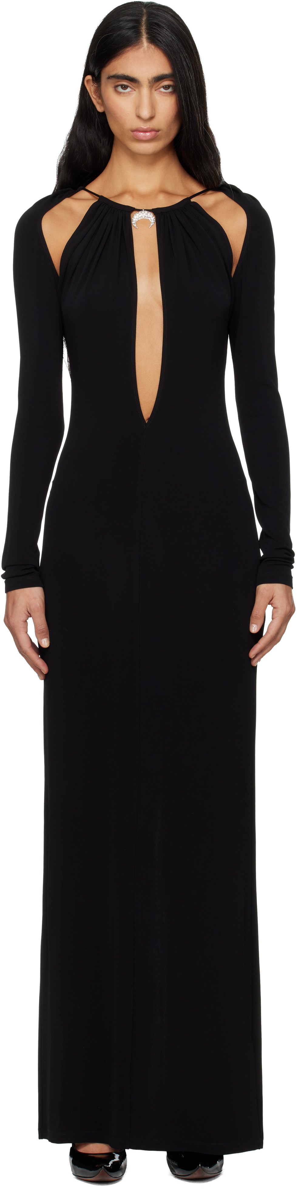 Marine Serre Black Draped Jersey Ls Maxi Dress