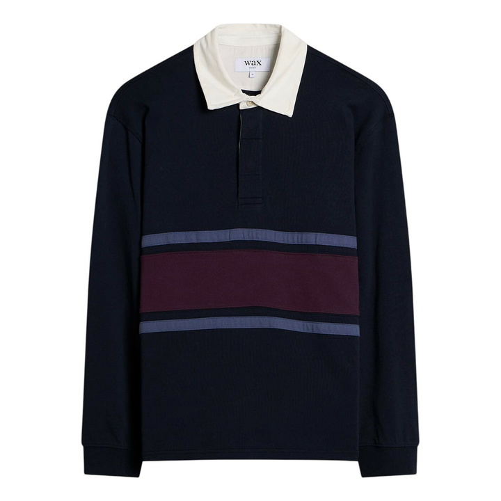 Photo: Wax London Men's Rowhill Heavy Cotton Rugby Shirt in Navy/Purple