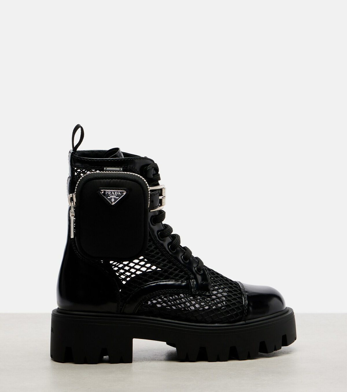 Prada Leather-trimmed mesh combat boots