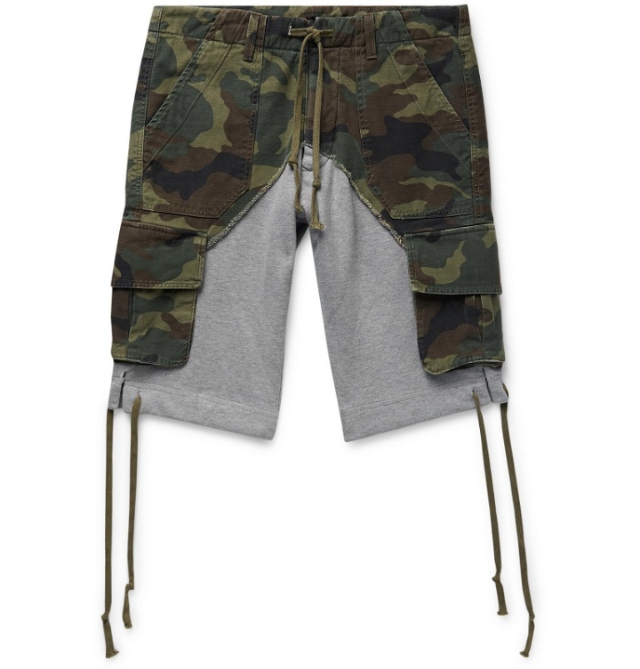 Photo: Greg Lauren - Camouflage-Print Cotton-Canvas Panelled Loopback Jersey Drawstring Shorts - Green
