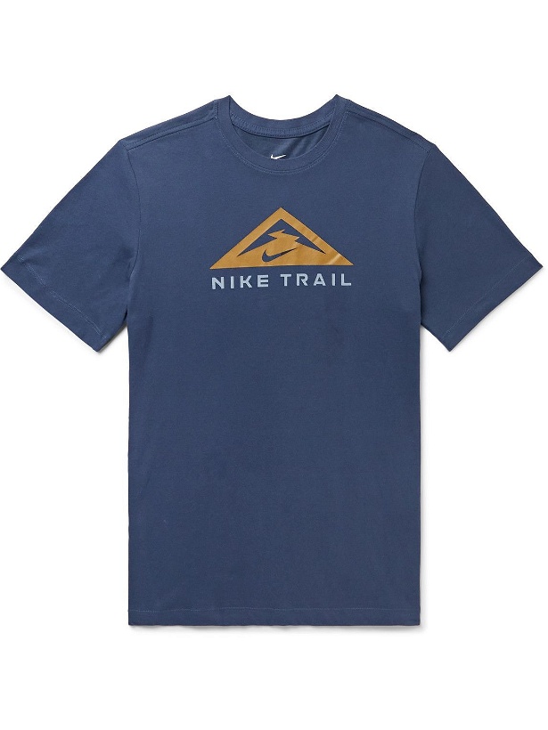 Photo: Nike Running - Trail Logo-Print Dri-FIT Cotton-Blend Jersey T-Shirt - Blue