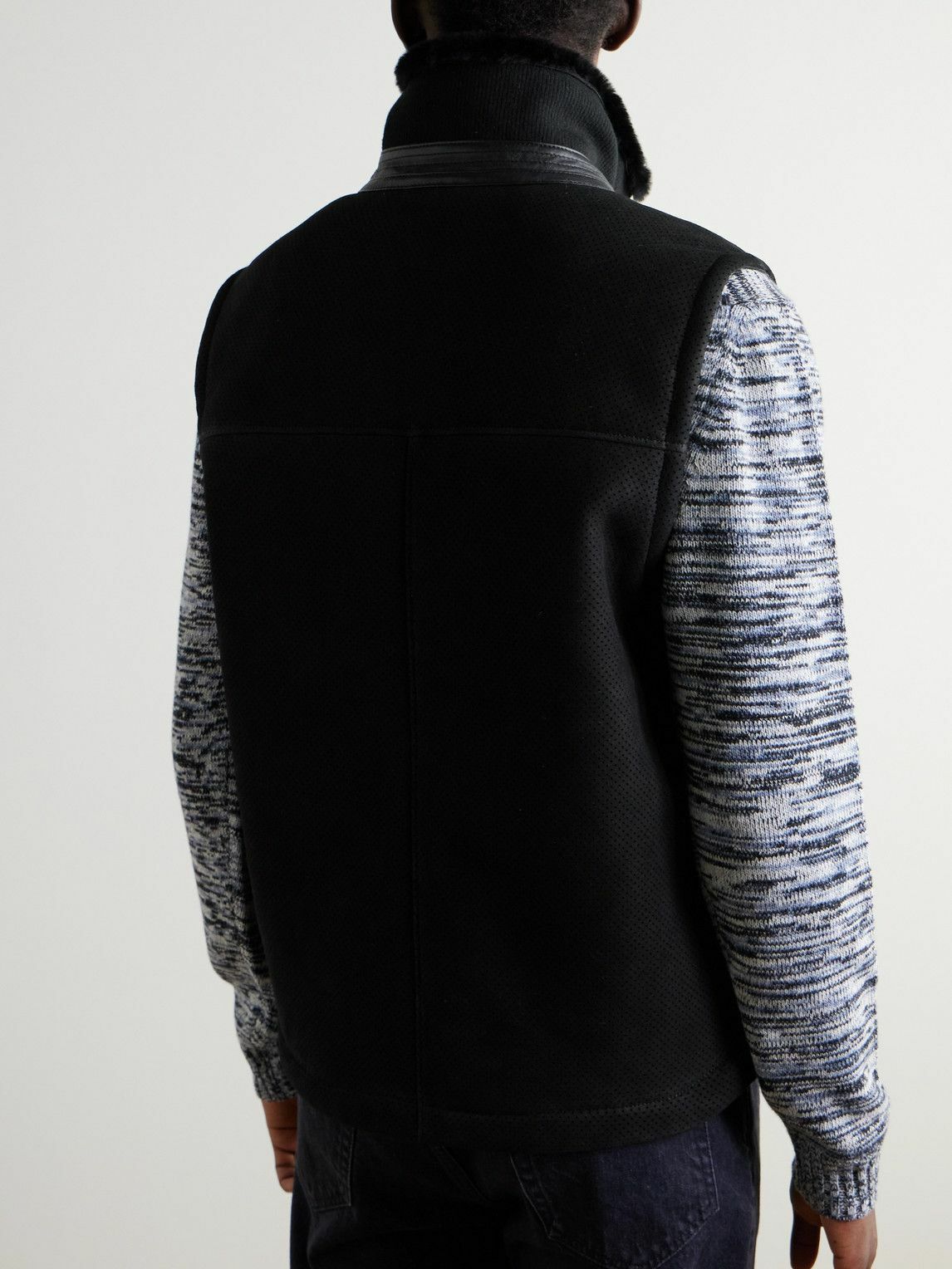 Mr P. - Full-Grain Leather-Trimmed Perforated Shearling Gilet - Black