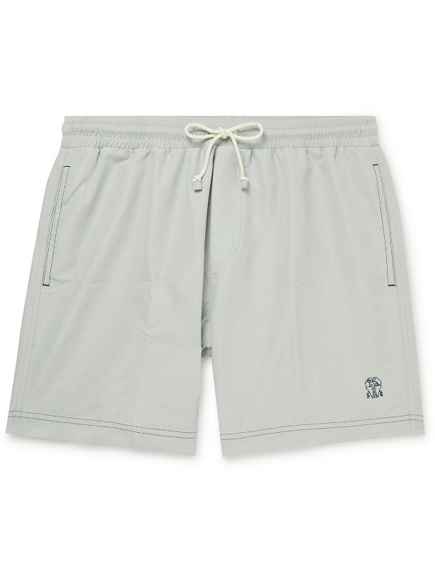 Photo: Brunello Cucinelli - Straight-Leg Long-Length Logo-Embroidered Swim Shorts - Gray